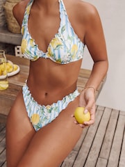 White/Blue Stripe Lemon Print Lettuce Edge Non Padded Wired Bikini Top - Image 2 of 7