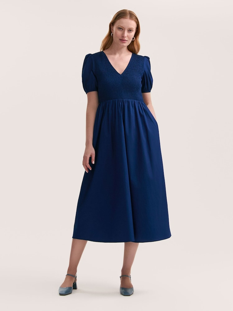Finery Blue Jamilla Cotton Shirred Midi Dress - Image 1 of 4