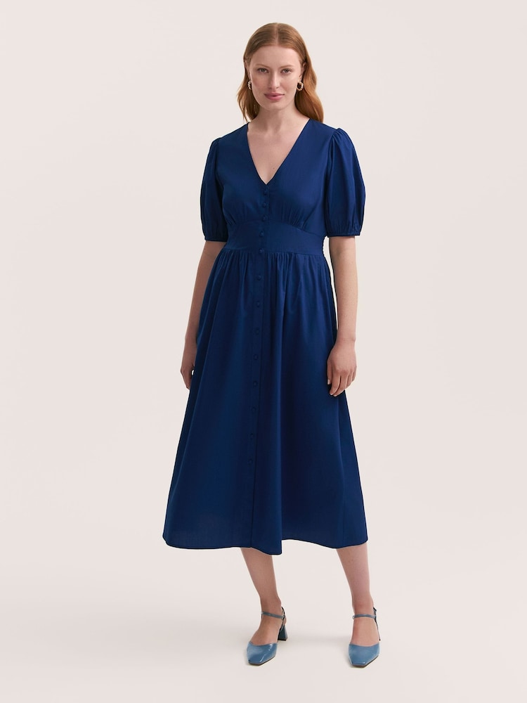 Finery Blue Addison Cotton Button Through Midi Dress - Image 1 of 4