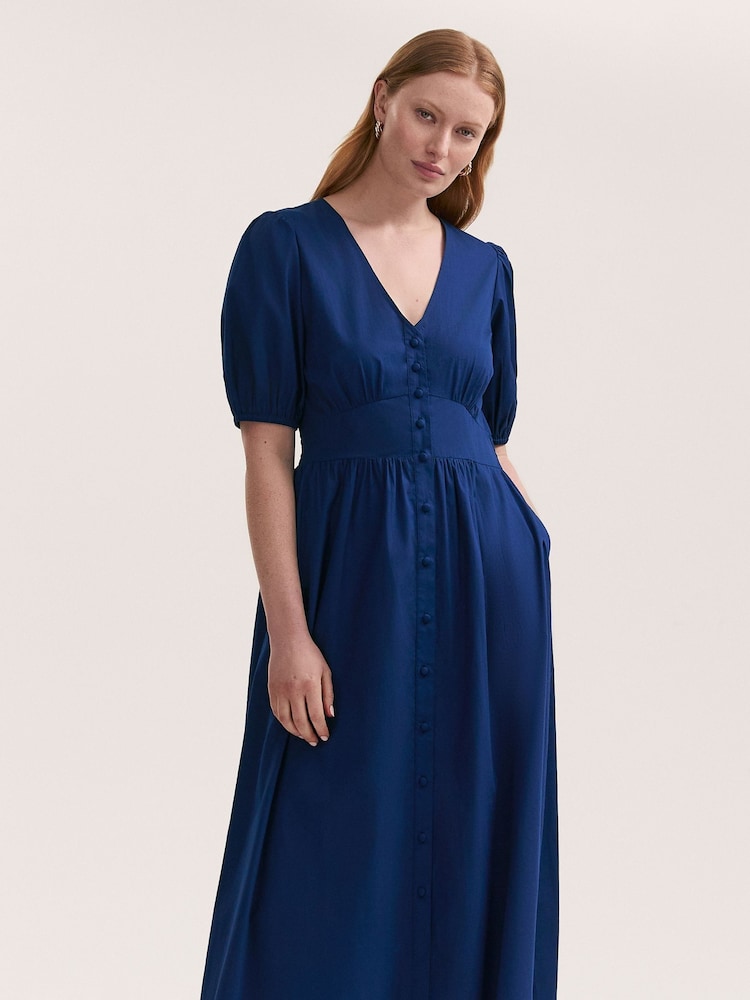 Finery Blue Addison Cotton Button Through Midi Dress - Image 2 of 4