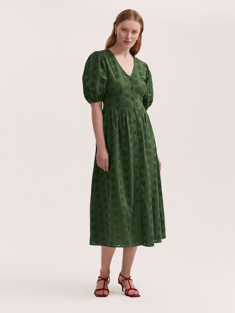 Finery Green Una Cotton Broderie Midi Dress - Image 1 of 4