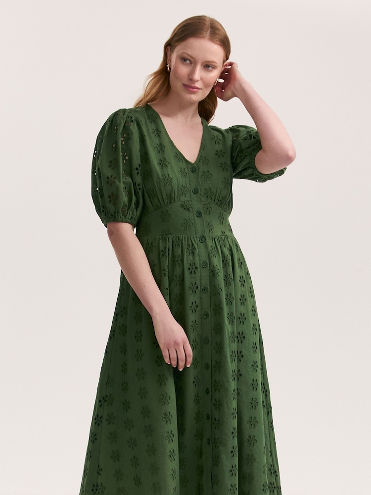 Finery Green Una Cotton Broderie Midi Dress - Image 2 of 4