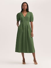 Finery Green Addison Cotton Seersucker Button Through Midi Dress - Image 1 of 4