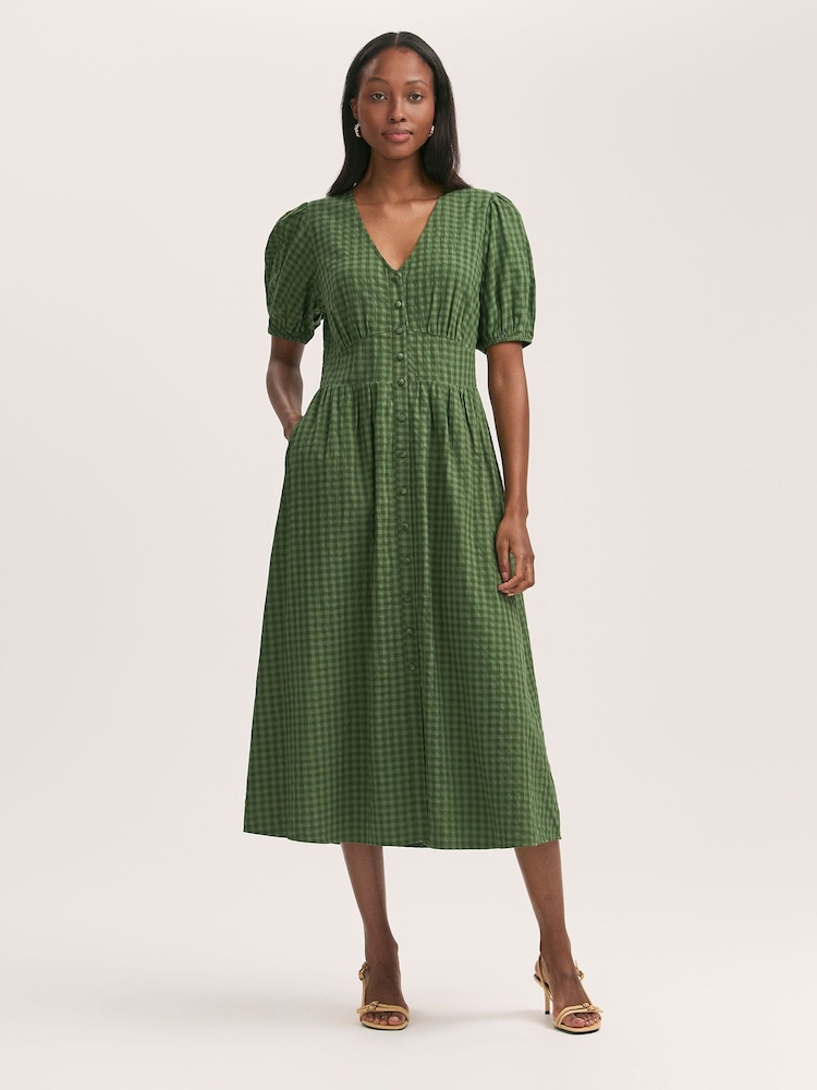 Finery Green Addison Cotton Seersucker Button Through Midi Dress - Image 1 of 4