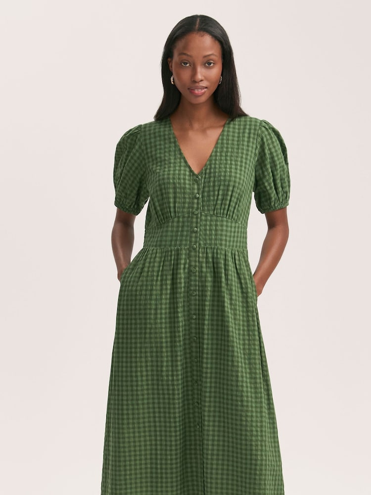 Finery Green Addison Cotton Seersucker Button Through Midi Dress - Image 2 of 4