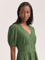 Finery Green Addison Cotton Seersucker Button Through Midi Dress - Image 3 of 4