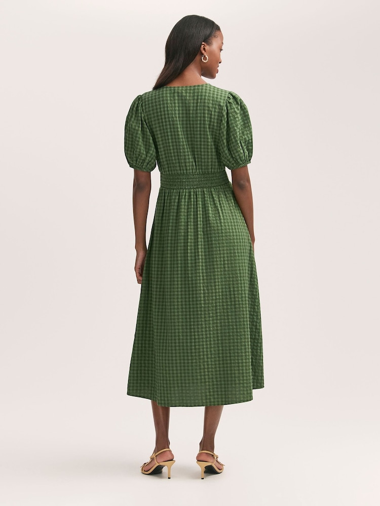 Finery Green Addison Cotton Seersucker Button Through Midi Dress - Image 4 of 4