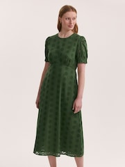 Finery Green Mela Cotton Broderie Midi Tea Dress - Image 2 of 4