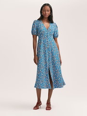 Finery Blue Robyn Floral Print Button Through Midi  Dress - Image 1 of 4