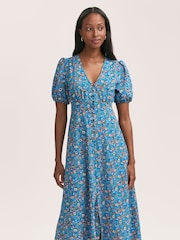 Finery Blue Robyn Floral Print Button Through Midi  Dress - Image 2 of 4