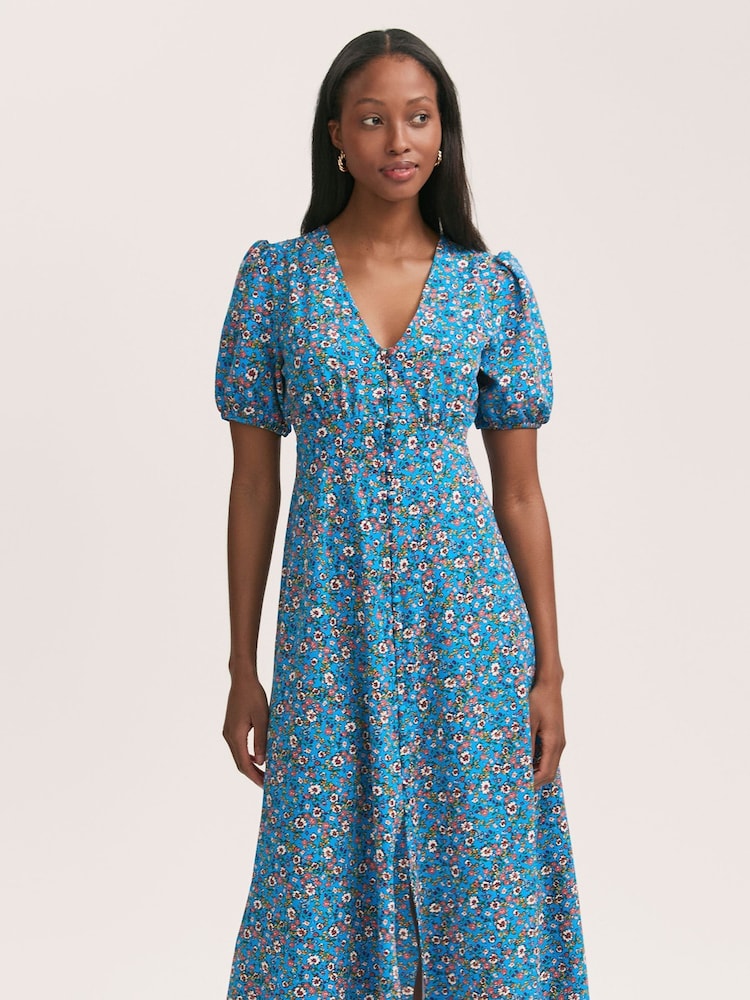 Finery Blue Robyn Floral Print Button Through Midi  Dress - Image 2 of 4
