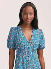 Finery Blue Robyn Floral Print Button Through Midi  Dress - Image 3 of 4