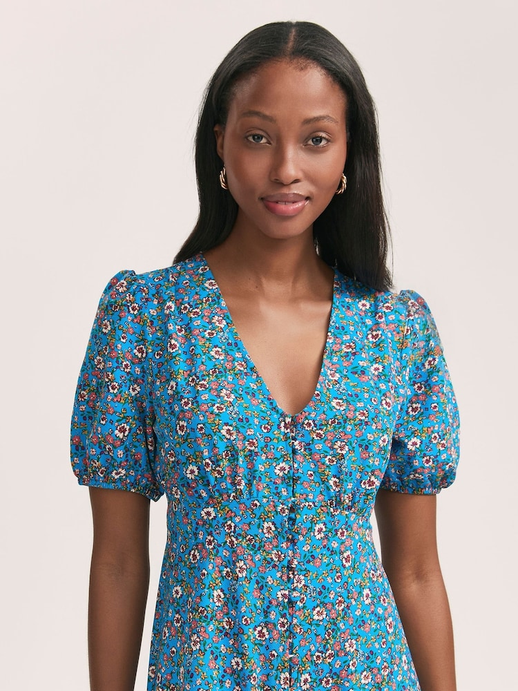 Finery Blue Robyn Floral Print Button Through Midi  Dress - Image 3 of 4