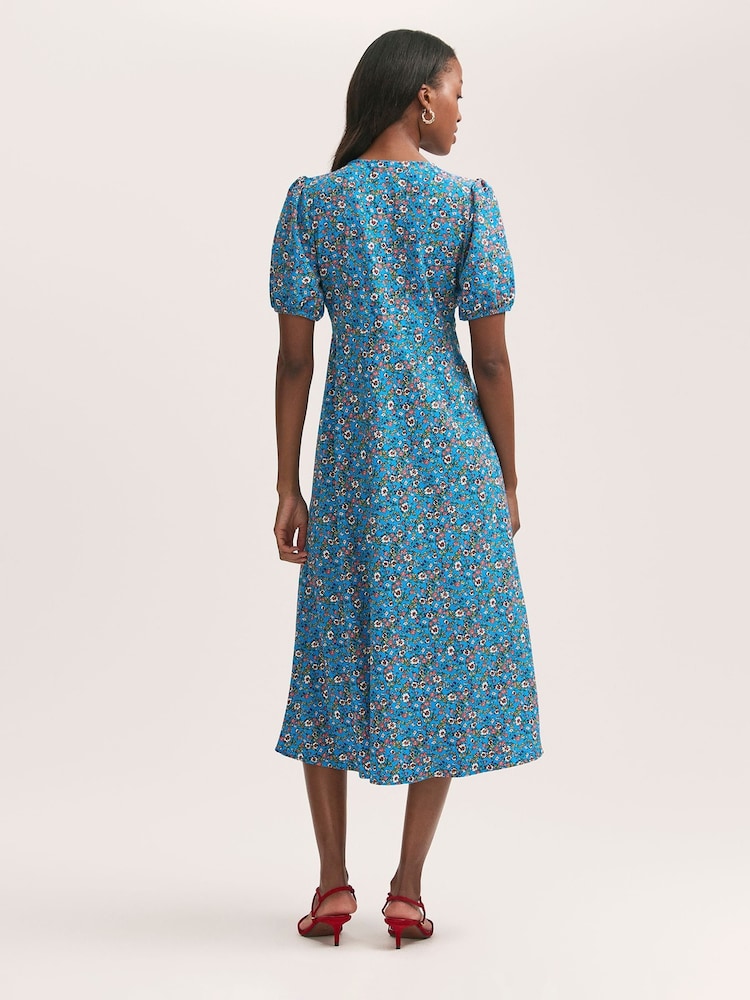 Finery Blue Robyn Floral Print Button Through Midi  Dress - Image 4 of 4