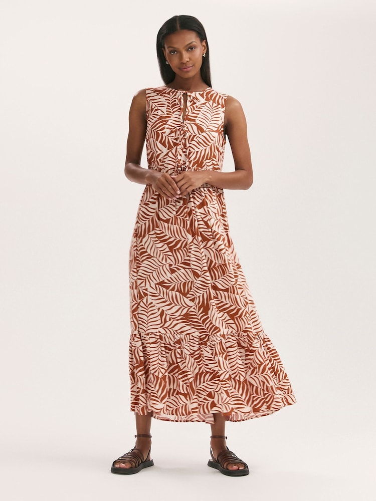 Finery Brown Larissa Printed Tie Front Midi Dress - Image 1 of 4 Finery Brown Larissa Printed Tie Front Midi Dress - Image 1 of 4