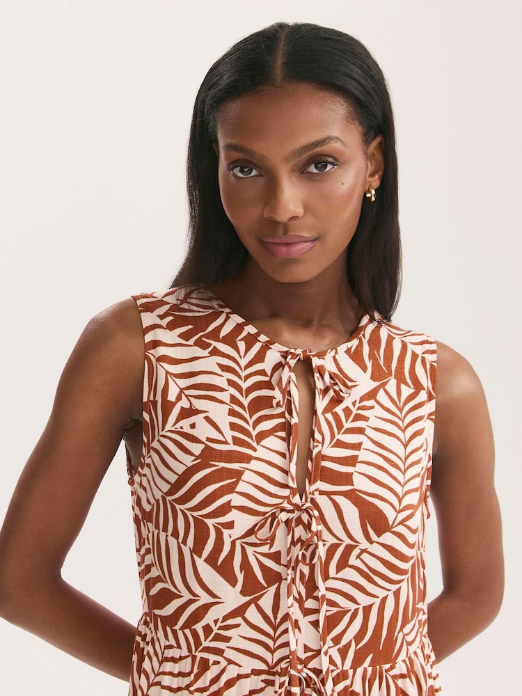 Finery Brown Larissa Printed Tie Front Midi Dress - Image 4 of 4