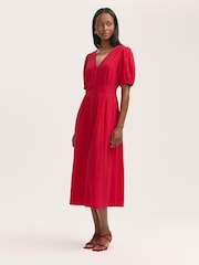 Finery Red Addison Cotton Seersucker Button Through Midi Dress - Image 1 of 4