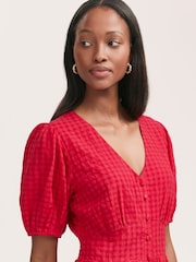 Finery Red Addison Cotton Seersucker Button Through Midi Dress - Image 3 of 4