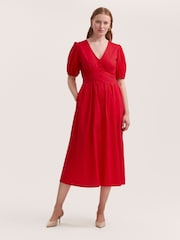 Finery Red Addison Cotton Button Through Midi Dress - Image 1 of 4