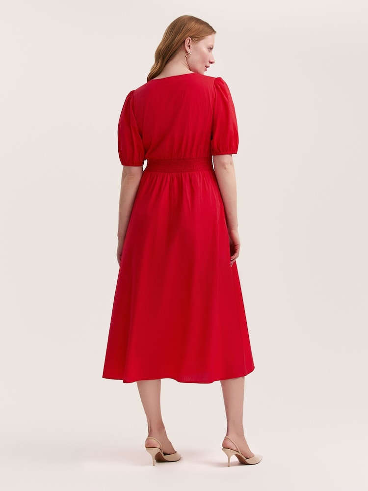 Finery Red Addison Cotton Button Through Midi Dress - Image 4 of 4