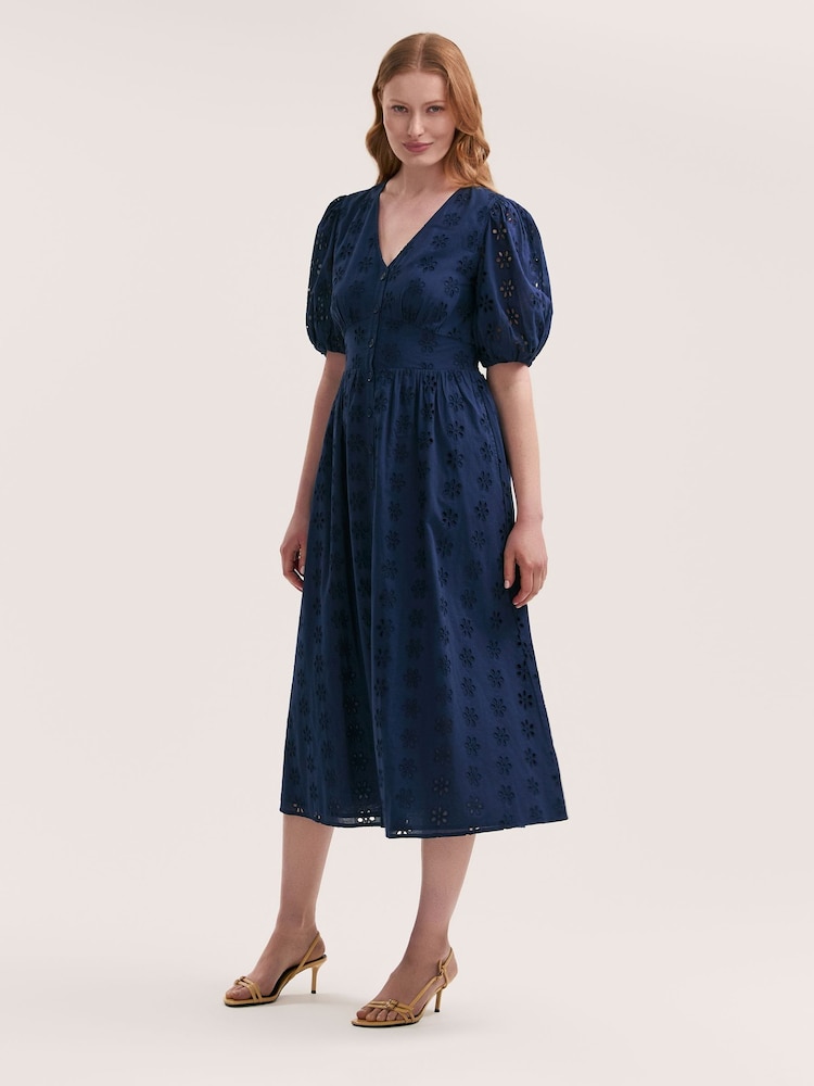 Finery Blue Una Cotton Broderie Midi Dress - Image 1 of 4