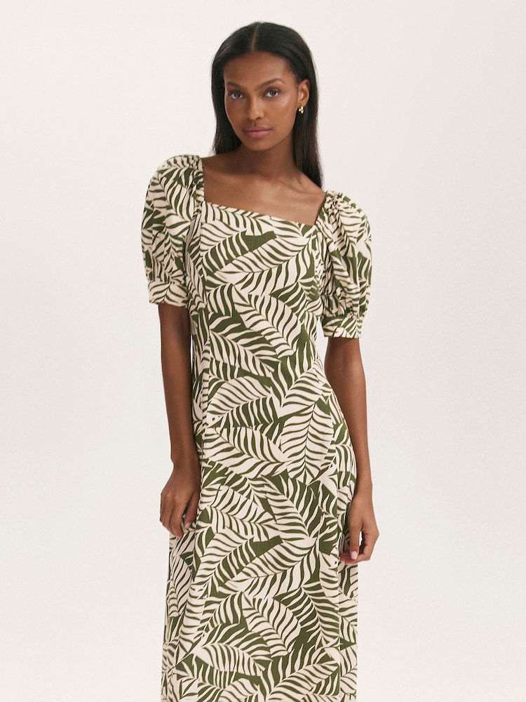 Finery Green Daisy Printed Square Neck Midi Dress - Image 2 of 4 Finery Green Daisy Printed Square Neck Midi Dress - Image 2 of 4