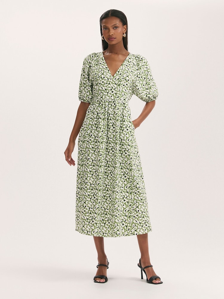 Finery Green Katie Animal Print Cotton Blend Midi Dress - Image 1 of 4