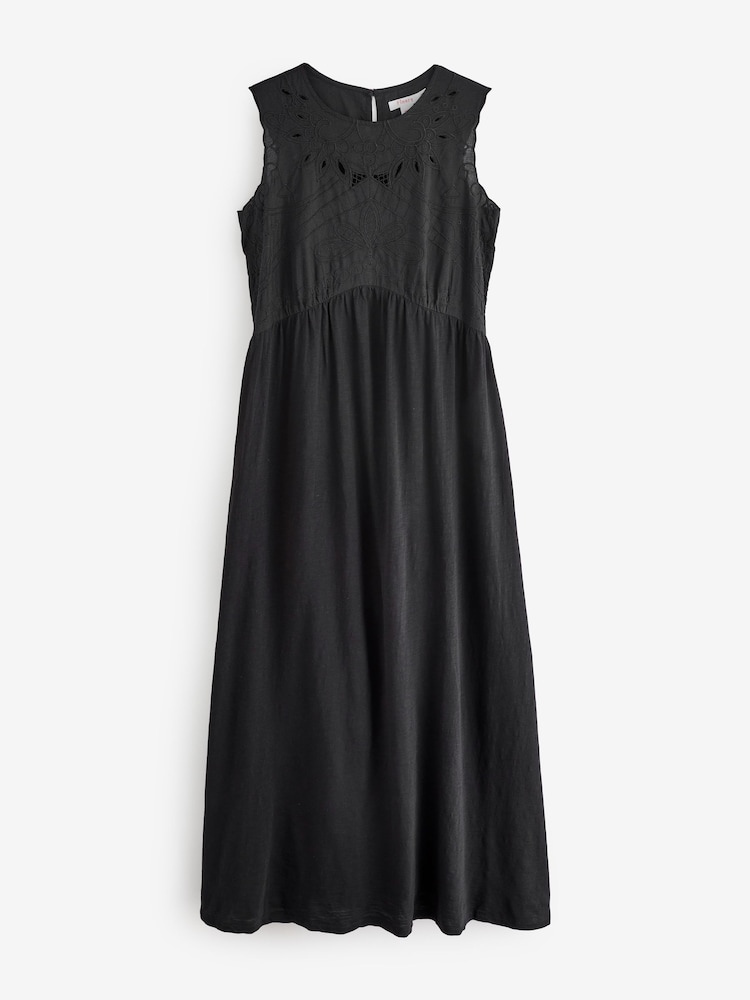 Finery Black Liberte Embroidered Cotton Jersey Midi Dress - Image 1 of 1 Finery Black Liberte Embroidered Cotton Jersey Midi Dress - Image 1 of 1