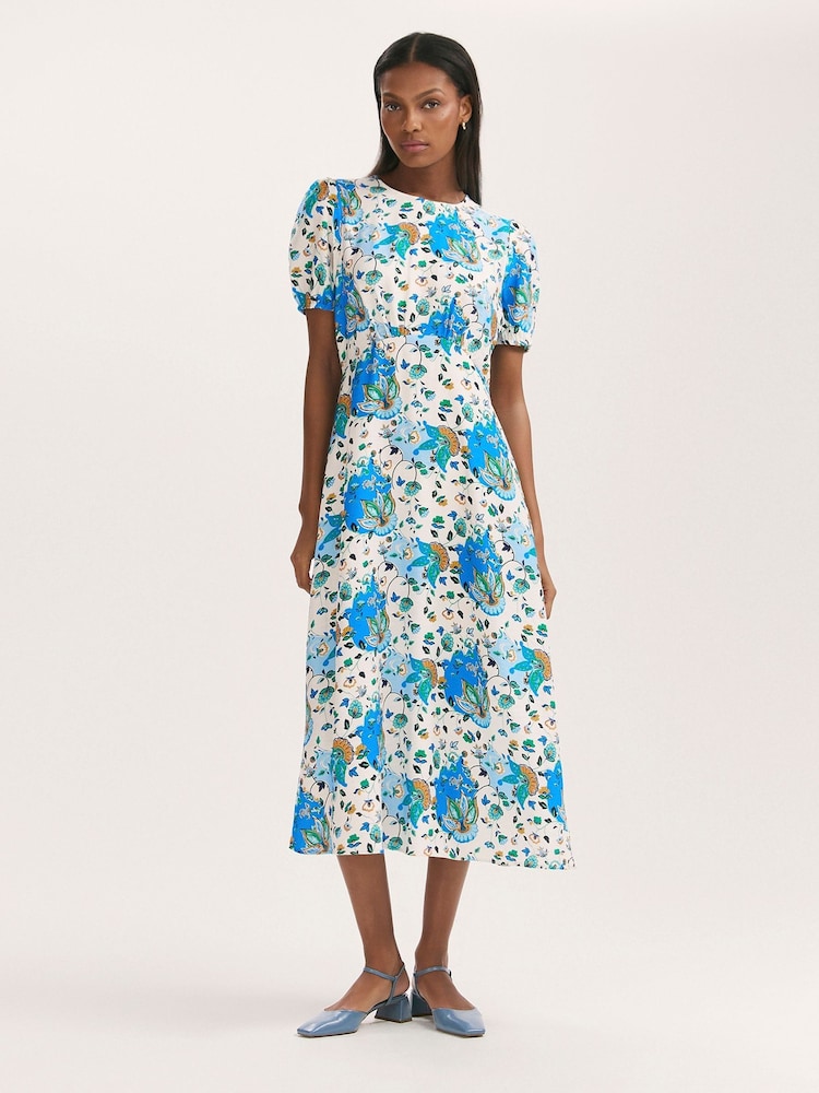 Finery Blue Lili Floral Print Midi Tea Dress - Image 1 of 4