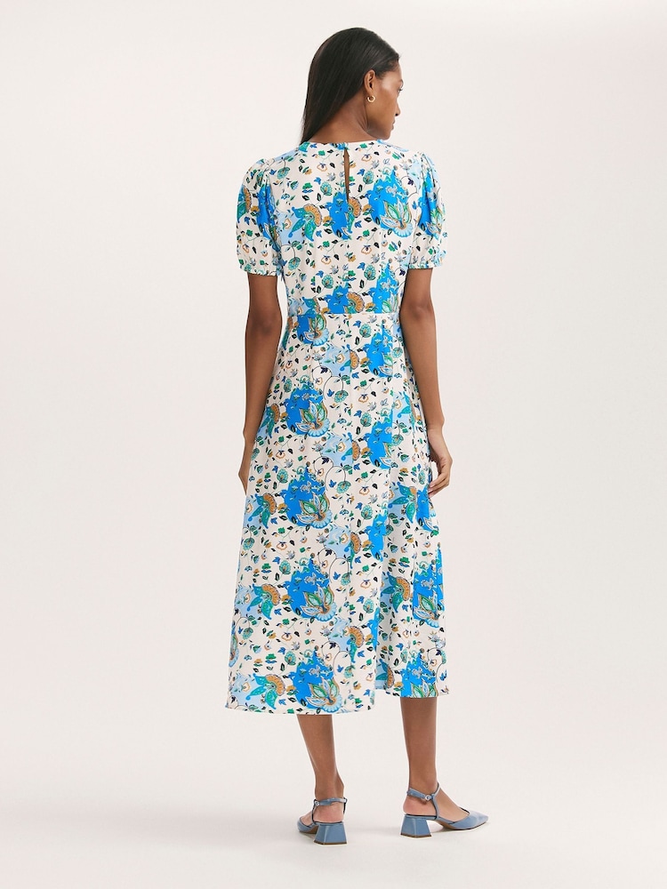 Finery Blue Lili Floral Print Midi Tea Dress - Image 2 of 4