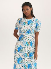 Finery Blue Lili Floral Print Midi Tea Dress - Image 4 of 4