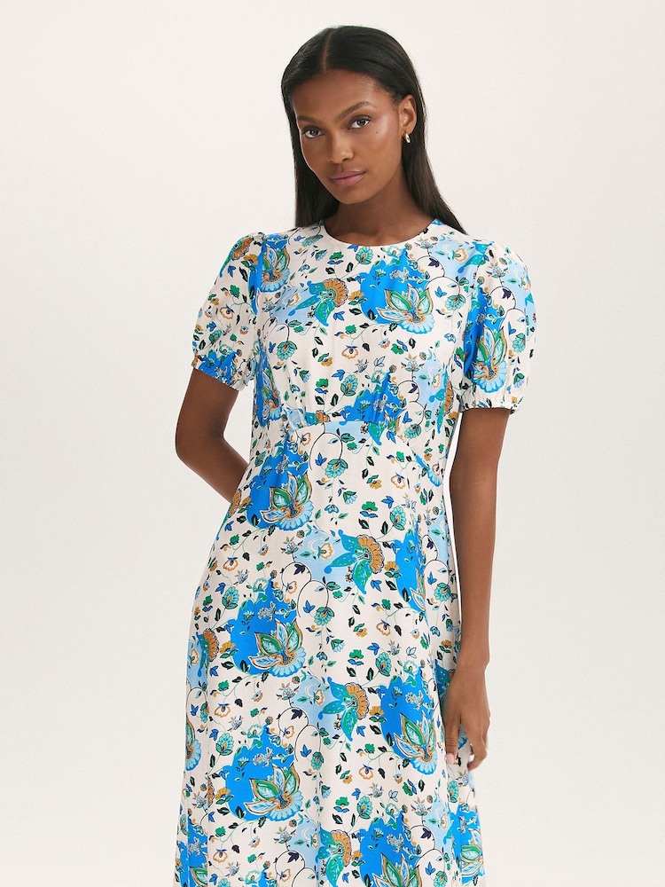 Finery Blue Lili Floral Print Midi Tea Dress - Image 4 of 4