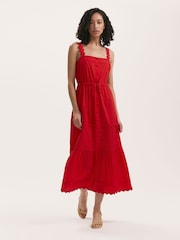 Finery Red Hallie Cotton Ric Rac Detail Tiered Midi Dress - Image 1 of 4