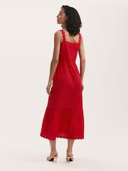 Finery Red Hallie Cotton Ric Rac Detail Tiered Midi Dress - Image 2 of 4