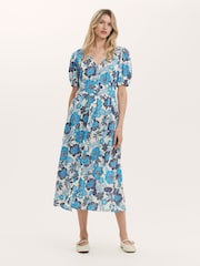 Finery Blue Addison Floral Print Button Through Linen Blend Midi Dress - Image 1 of 4
