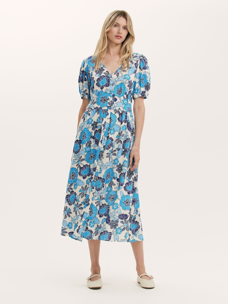 Finery Blue Addison Floral Print Button Through Linen Blend Midi Dress - Image 1 of 4