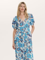 Finery Blue Addison Floral Print Button Through Linen Blend Midi Dress - Image 2 of 4