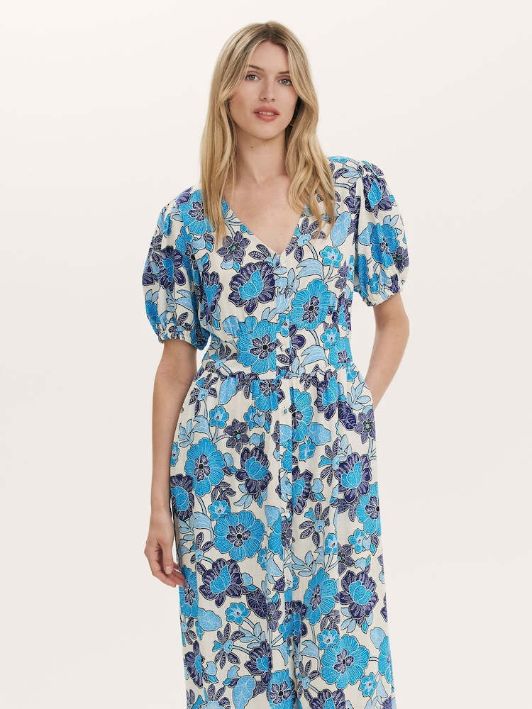 Finery Blue Addison Floral Print Button Through Linen Blend Midi Dress - Image 2 of 4