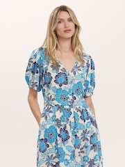 Finery Blue Addison Floral Print Button Through Linen Blend Midi Dress - Image 3 of 4