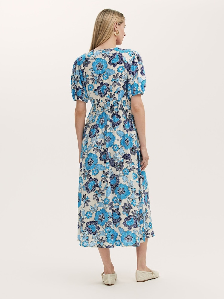 Finery Blue Addison Floral Print Button Through Linen Blend Midi Dress - Image 4 of 4