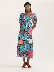 Finery Blue Sarah Floral Print Button Through Midi Dress - Image 1 of 4