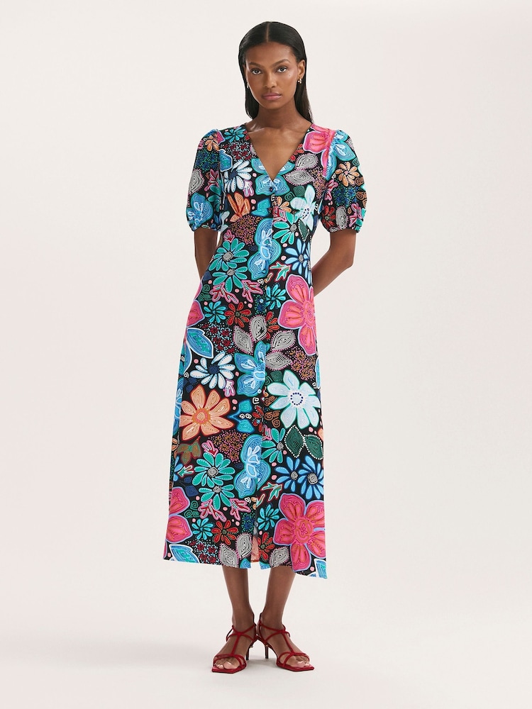 Finery Blue Sarah Floral Print Button Through Midi Dress - Image 1 of 4 Finery Blue Sarah Floral Print Button Through Midi Dress - Image 1 of 4