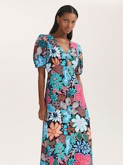 Finery Blue Sarah Floral Print Button Through Midi Dress - Image 2 of 4