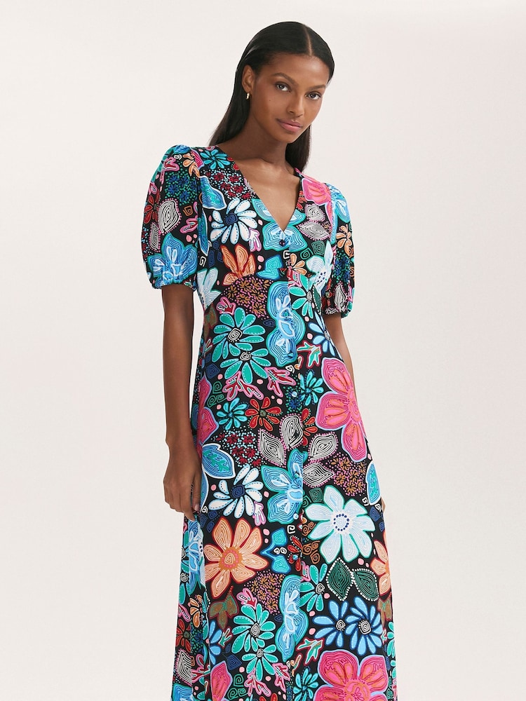 Finery Blue Sarah Floral Print Button Through Midi Dress - Image 2 of 4 Finery Blue Sarah Floral Print Button Through Midi Dress - Image 2 of 4