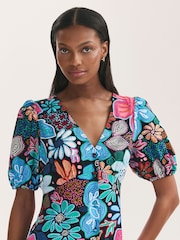 Finery Blue Sarah Floral Print Button Through Midi Dress - Image 3 of 4
