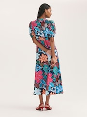 Finery Blue Sarah Floral Print Button Through Midi Dress - Image 4 of 4