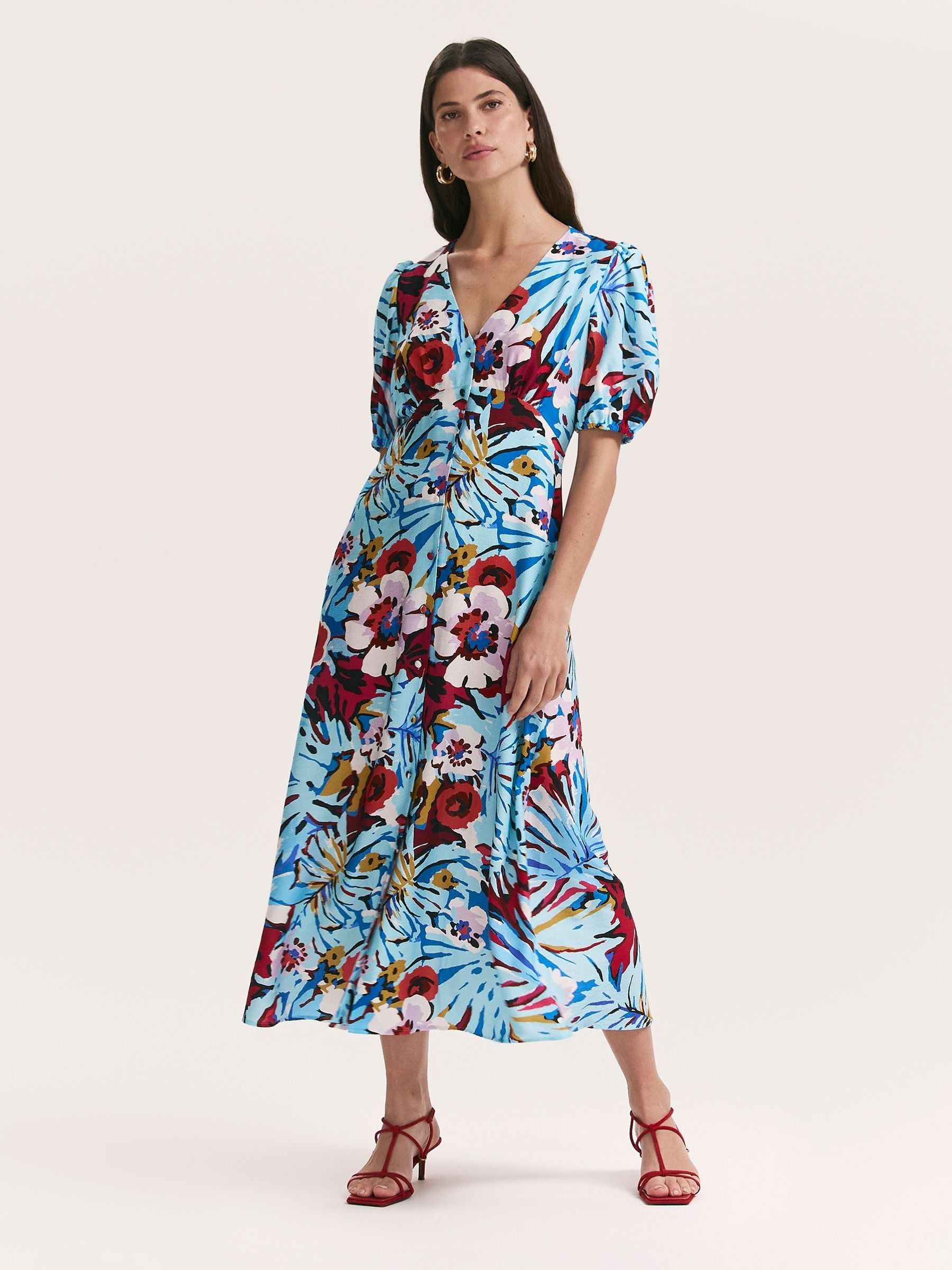 Finery Women's Blue Sarah Floral Print Button Through Midi Dress