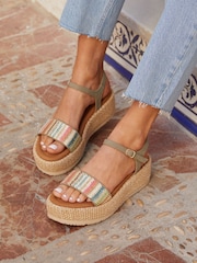 Linzi Green Multicoloured Front Strap Raffia Flatform Sandals - Image 1 of 5