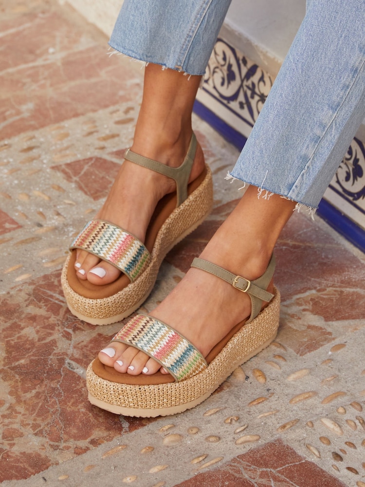 Linzi Green Multicoloured Front Strap Raffia Flatform Sandals - Image 1 of 5