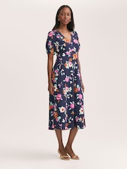 Finery Blue Robyn Floral Print Button Through Midi  Dress - Image 1 of 4